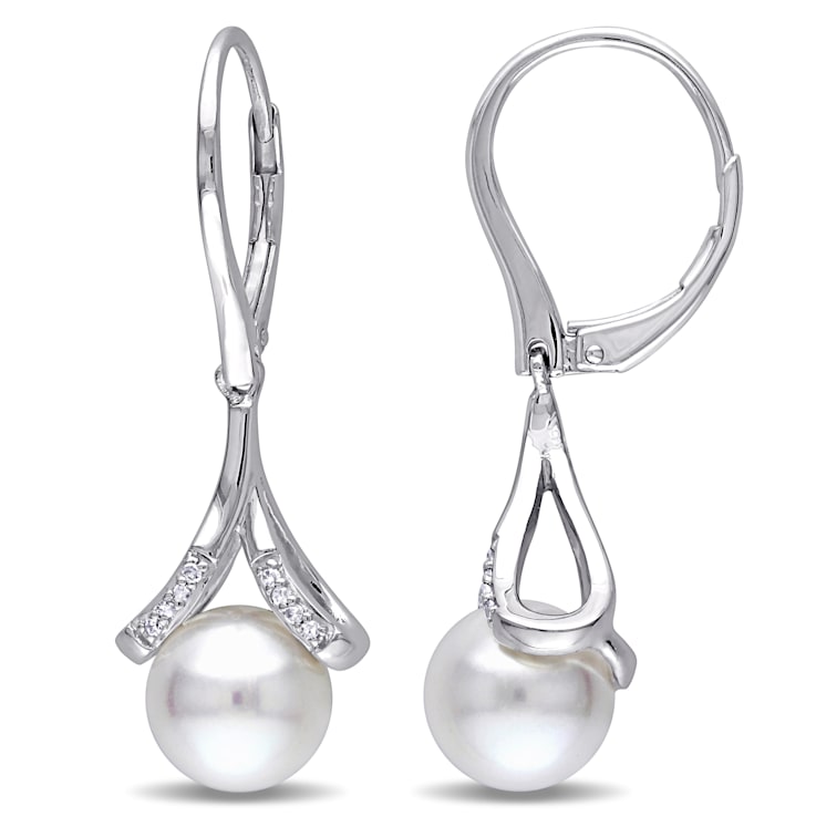 8-8.5 MM Freshwater Cultured Pearl and Diamond Accent Drop Earrings in  Sterling Silver - 159K5A