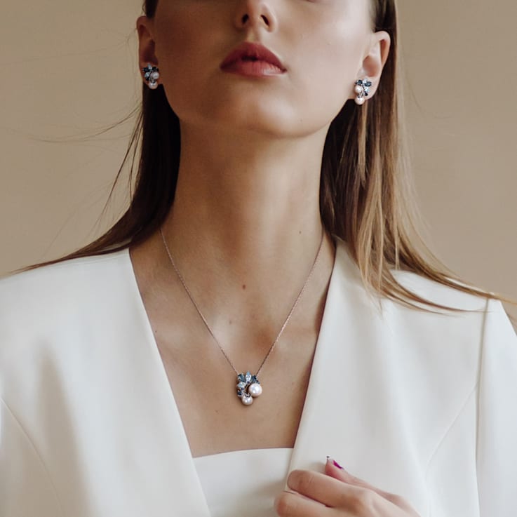6-8.5MM Freshwater Cultured Pearl & Multi-gems Earrings and Pendant
with Chain in Sterling Silver