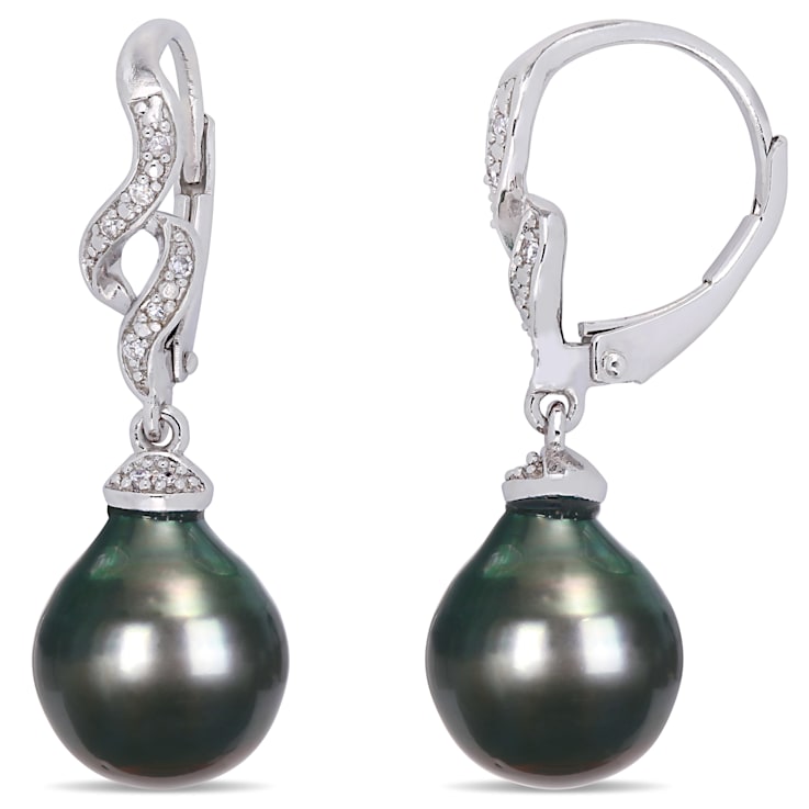 9-10 MM Black Tahitian Cultured Pearl and Diamond Accent Twist Drop
Earrings in Sterling Silver