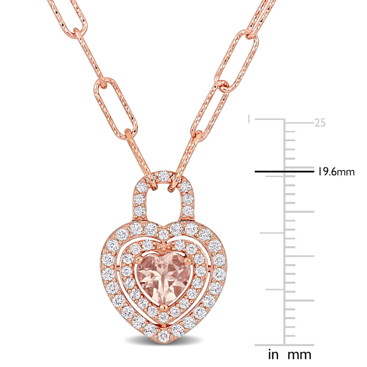 1 5/8 CT TGW Morganite and White Topaz Halo Heart Pendant in 18k Rose
Gold Plated Sterling Silver