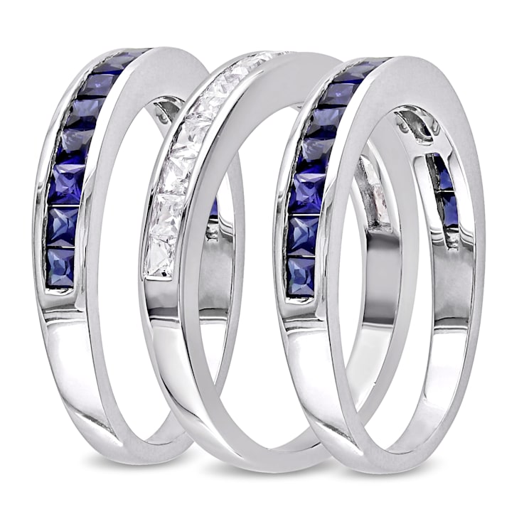3-Pcs Set of 2 1/4 CT TGW Created Blue and White Sapphire Anniversary
Band in Sterling Silver