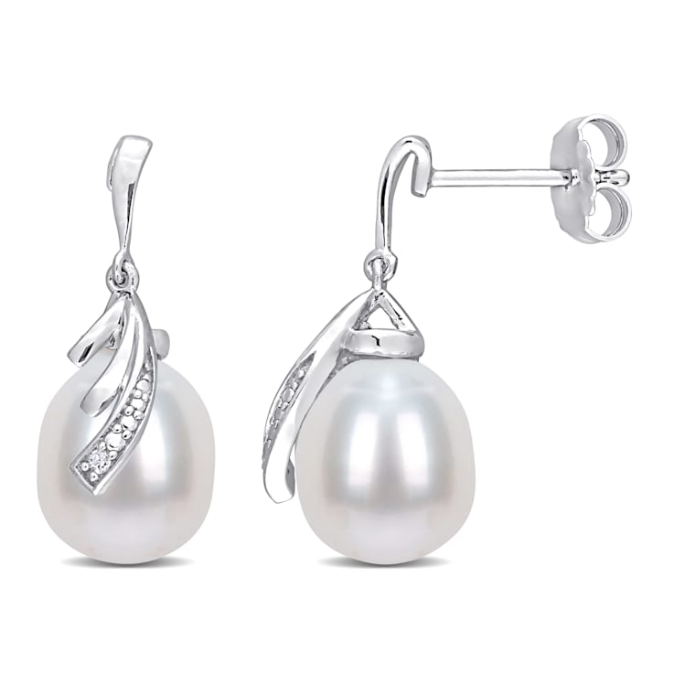 8-8.5 MM Freshwater Cultured Pearl and Diamond Accent Feather Stud
Earrings in Sterling Silver