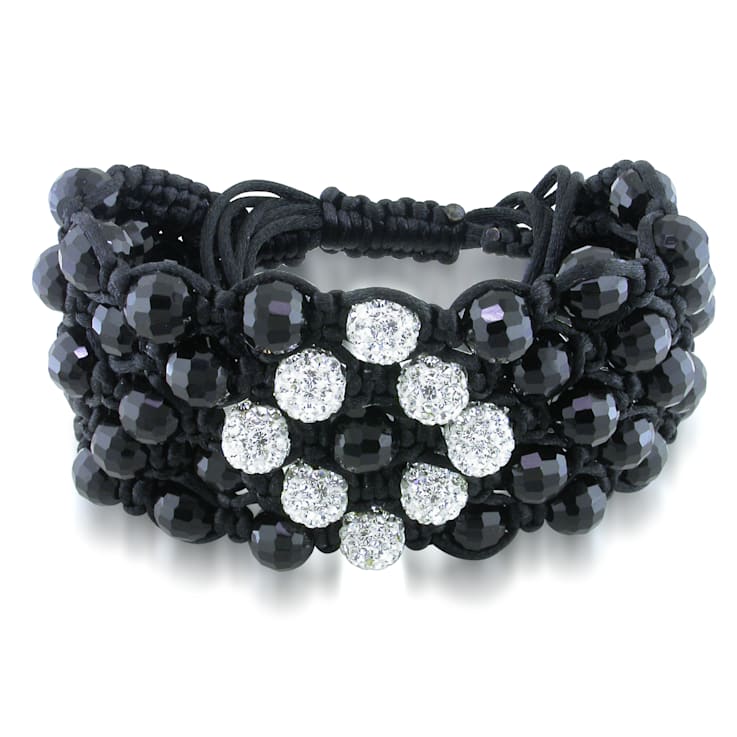 Shambhala Cuff Bracelet on Black Silk Cord with Black and White Cubic
Zirconia and Crystal Beads