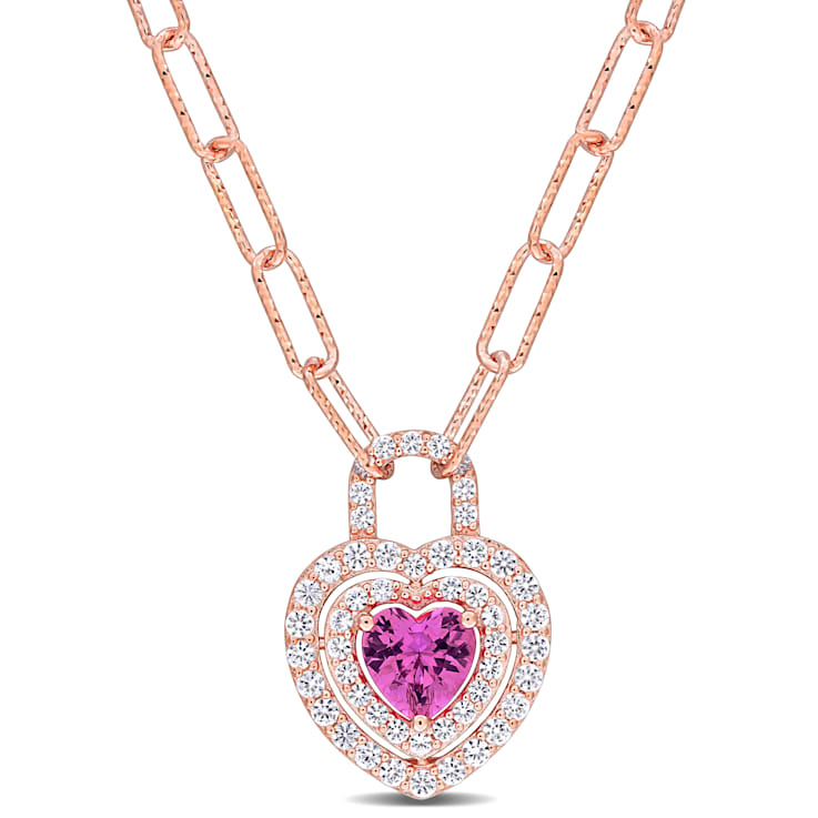 1 3/4 CT TGW Created Pink and White Sapphire Double Halo Necklace in
Rose Plated Sterling Silver