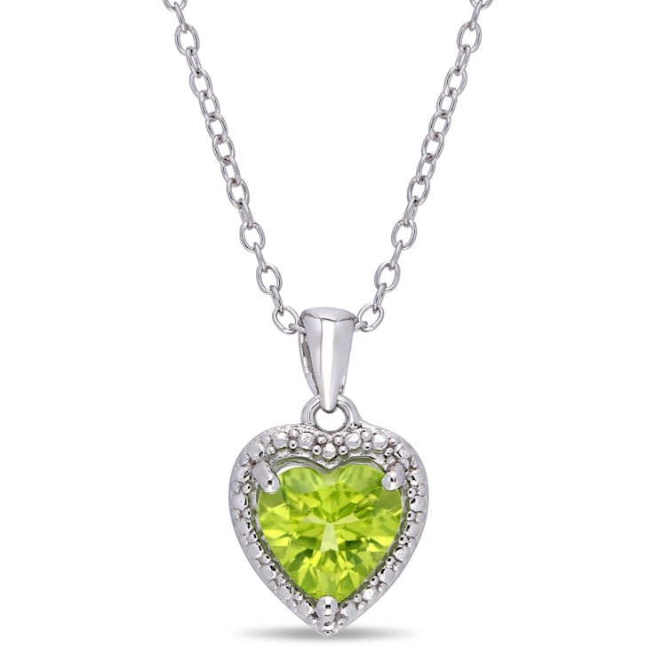 1 1/3 CT TGW Peridot Heart Halo Pendant with Chain in Sterling Silver