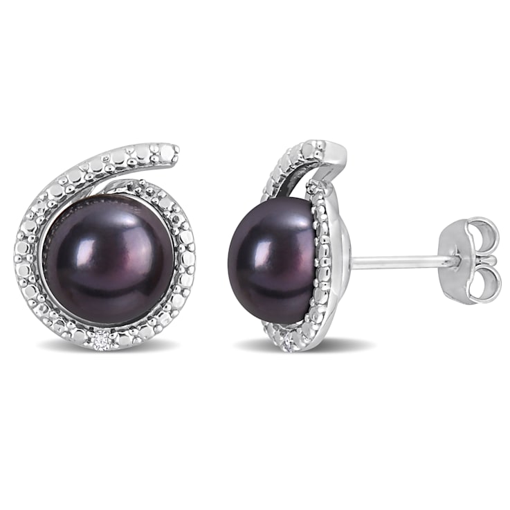 8-8.5MM Black Freshwater Cultured Pearl and Diamond Accent Swirl Stud
Earrings in Sterling Silver