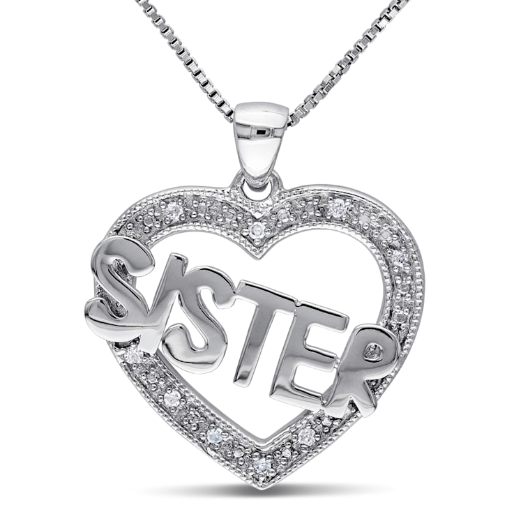 Diamond Heart "Sister" Pendant with Chain in Sterling Silver