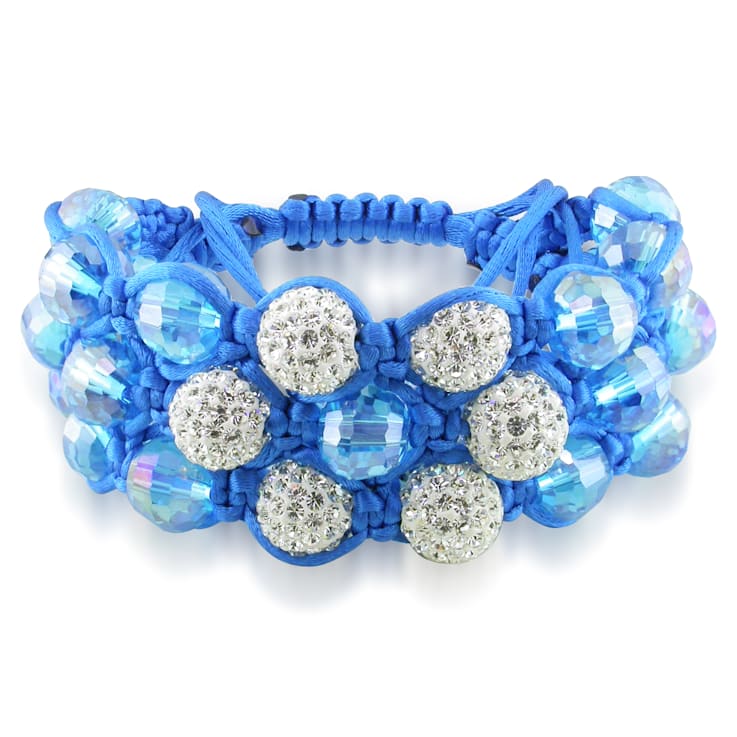 Shambhala Bracelet on Blue Silk Cord with Blue and White Cubic Zirconia Beads