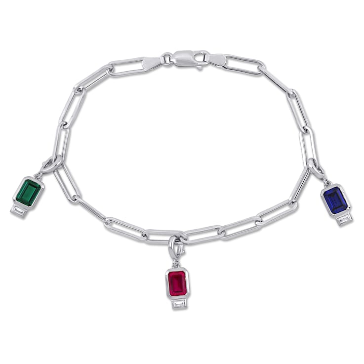 4 1/4 CT TGW Created Multi Gemstones Link Bracelet in Sterling Silver