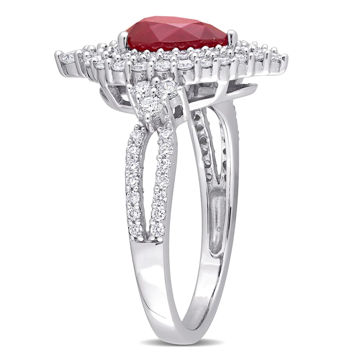 1 1/3 CT TGW Ruby and 3/4 CT TW Diamond Double Halo Ring in 14K White Gold