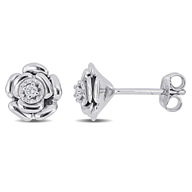 Diamond Floral Stud Earrings in Sterling Silver