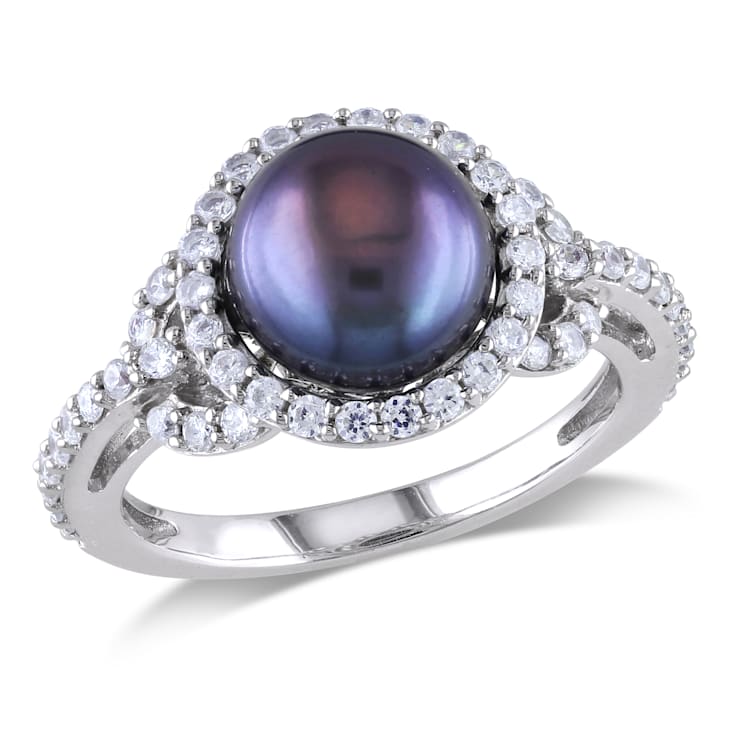 8.5-9MM Black Freshwater Cultured Pearl and Cubic Ring in Sterling Silver