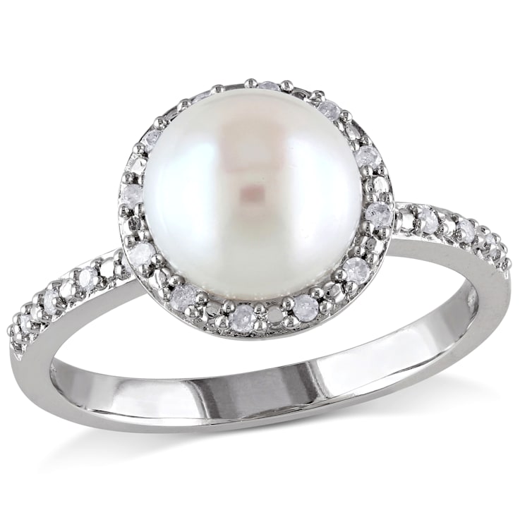 8-8.5MM Freshwater Cultured Pearl and 1/10 CT TW Diamond Halo Ring in
Sterling Silver