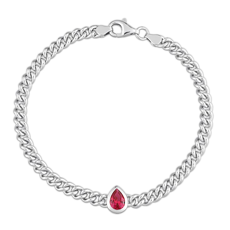 1 1/7 CT TGW Created Ruby Curb Link Chain Bracelet in Sterling Silver