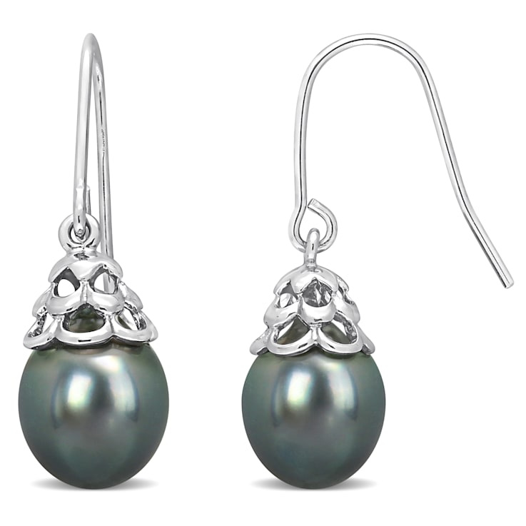 8-8.5MM Black Tahitian Cultured Pearl Shepherd Hook Earrings in Sterling Silver