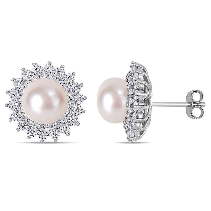 8.5-9MM Cultured Pearl and 1 5/8 ctw Cubic Zirconia Floral Halo Earrings
in Sterling Silver