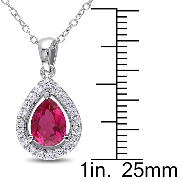 2 1/5 CT TGW  Created Ruby and White Sapphire Teardrop Halo Pendant with
Chain in Sterling Silver
