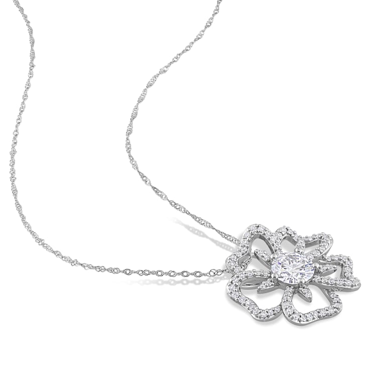 1 1/10 CT DEW Created Moissanite Flower Pendant with Chain in Sterling Silver