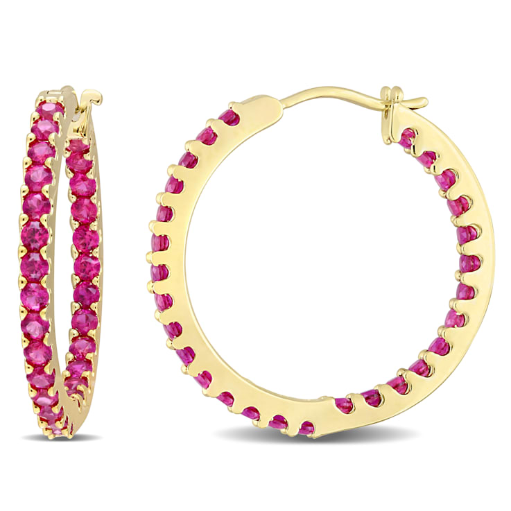 2 4/5 CT TGW Created Ruby Inside Outside Hoop Earrings in 10K Yellow Gold