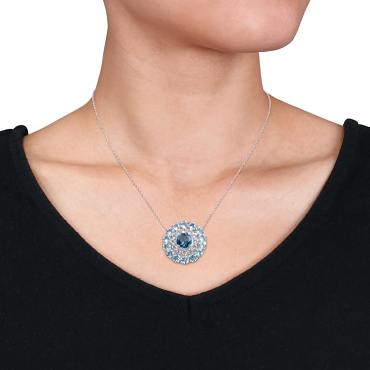 14.60 CTW London Blue, Sky Blue and White Topaz Double Halo Sterling
Silver Pendant with Chain