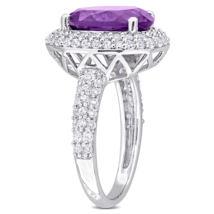 5 1/3 CT TGW Amethyst and White Topaz Double Halo Ring in Sterling Silver