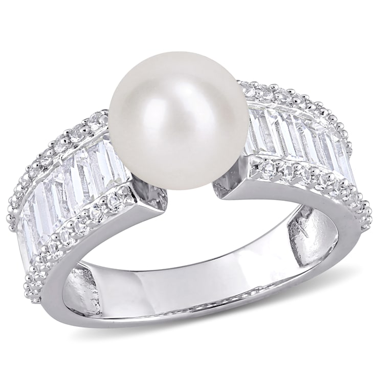 8-8.5MM Freshwater Cultured Pearl and 2 2/5 CT TGW Created White
Sapphire Ring in Sterling Silver