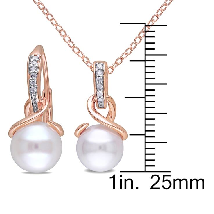 8-8.5MM Freshwater Cultured Pearl and 1/10 CT TW Diamond Earrings and
Pendant Set in Rose Silver