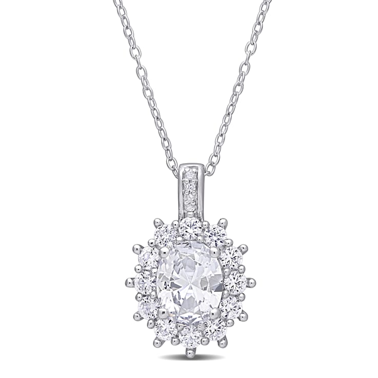 4 CT TGW Created White Sapphire and Diamond Accent Floral Halo Pendant
with Chain in Sterling Silver