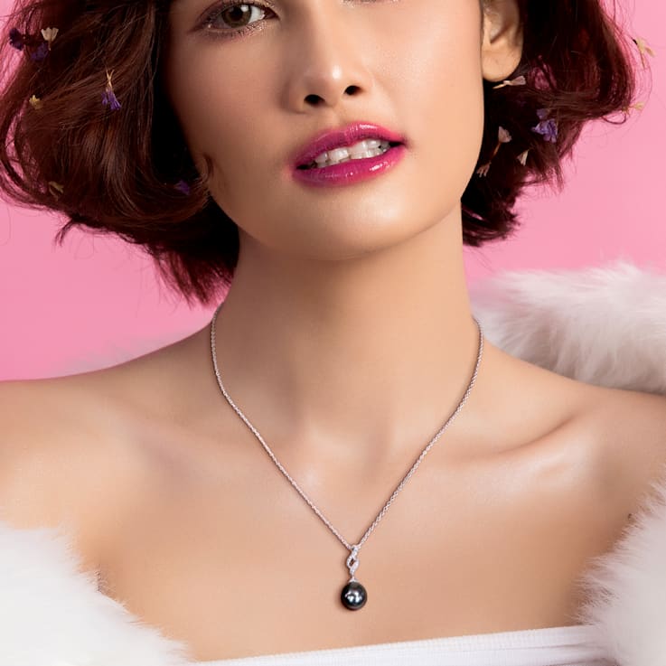 9.5-10MM Black Tahitian Cultured Pearl and Diamond Twist Pendant with
Chain in Sterling Silver