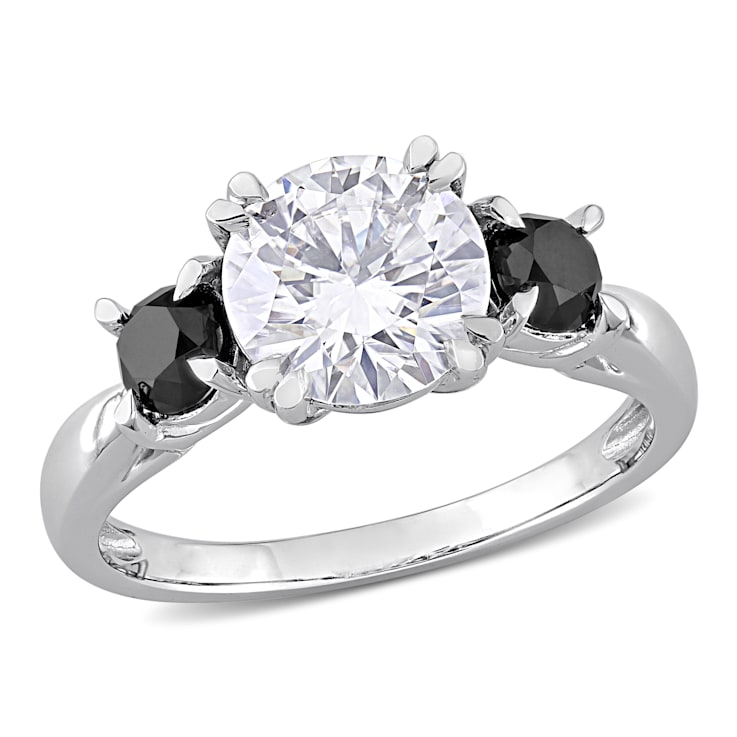 2 CT DEW Created Moissanite and 3/4 CT TW Black Diamond 3-Stone
Engagement Ring in 10K White Gold