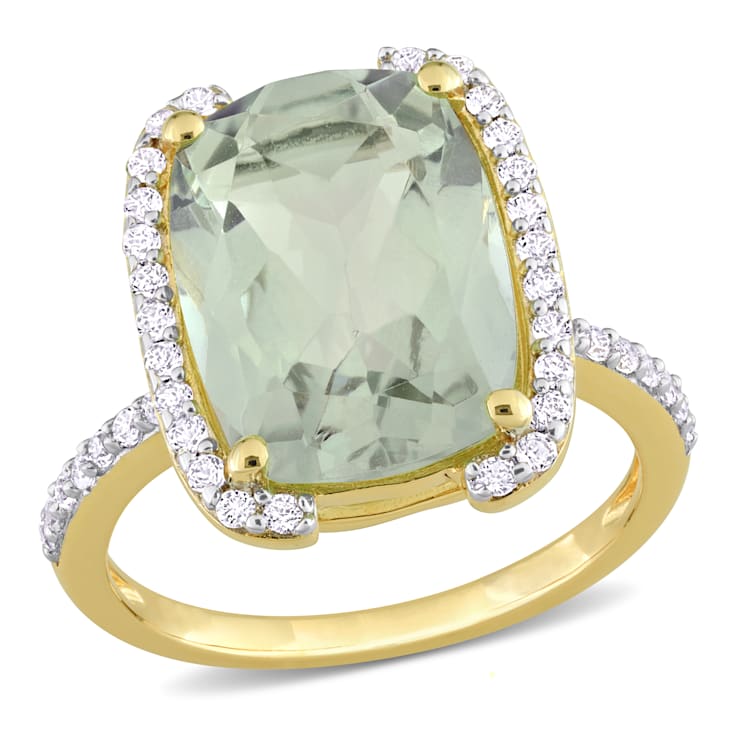 6 7/8 CT TGW Green Quartz and White Topaz Semi Halo Ring in Yellow
Plated Sterling Silver