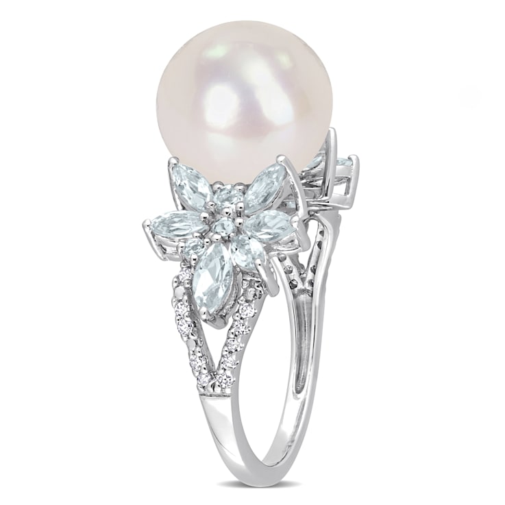 11-12MM Freshwater Cultured Pearl, 1 1/5 CT TGW Aquamarine & Diamond
Ring in Sterling Silver