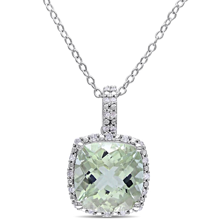 4 CT TGW Green Quartz and 1/10 CT TW Diamond Halo Pendant with Chain in
Sterling Silver
