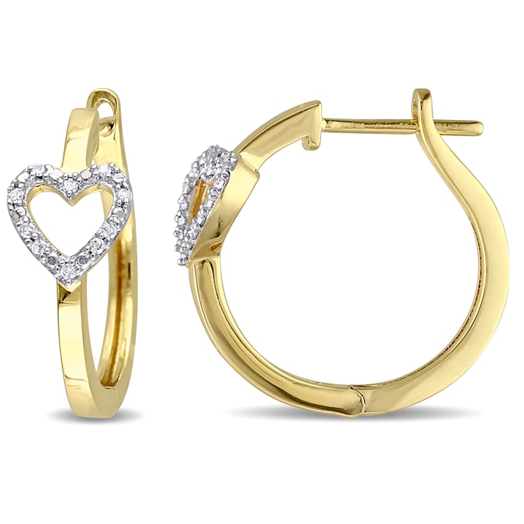 1/10 CT TW Diamond Heart Hinged Hoop Earrings in Yellow Gold