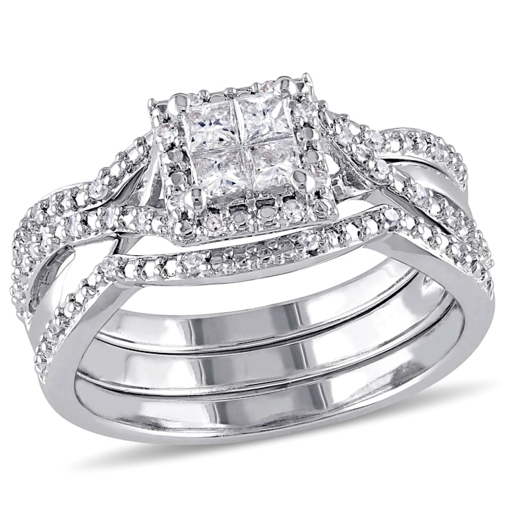 1/2 CT TW Princess Cut Halo Diamond Bridal Set in Sterling Silver