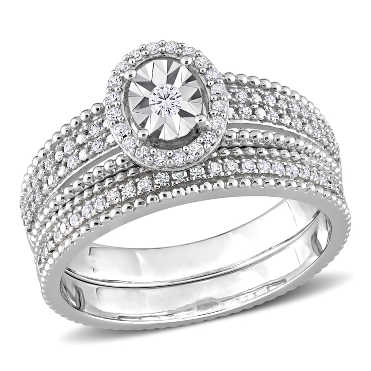 1/3 CT TW Diamond Oval Halo Bridal Set in Sterling Silver