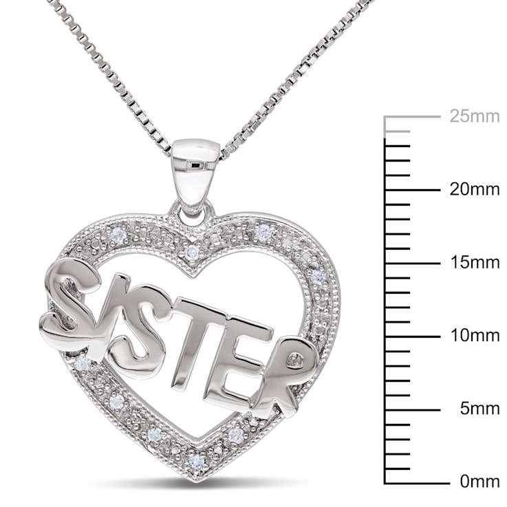 Diamond Heart "Sister" Pendant with Chain in Sterling Silver