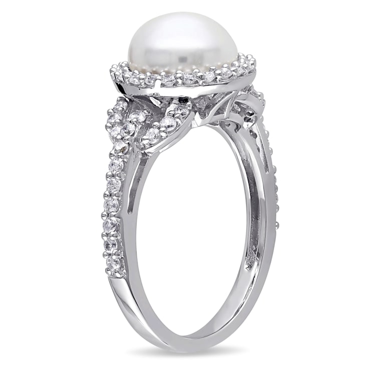 8.5-9MM Freshwater Cultured Pearl and Cubic Zirconia Halo Ring in
Sterling Silver