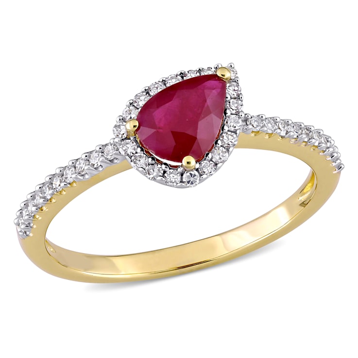 7/8 CT TGW Ruby and 1/5 CT TW Diamond Tilted Teardrop Halo Ring in 14K
Yellow Gold