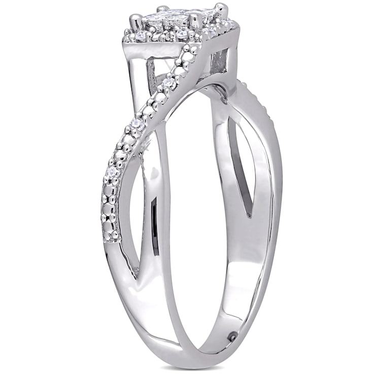1/4 CT TW Princess Cut and Round Diamond Halo Crisscross Engagement Ring
in Sterling Silver