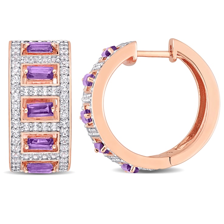 2 1/2ctw African Amethyst and White Topaz Hoop Earrings in 18K Rose Gold
Over Sterling Silver