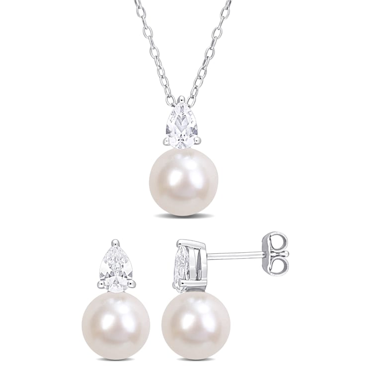 8.5-9MM Freshwater Cultured Pearl and Created Sapphire Earrings &
Necklace Set in Sterling Silver