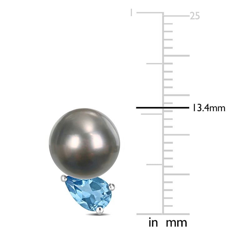 8-9MM Black Tahitian Cultured Pearl and 1 CT TGW Swiss Blue Topaz Stud
Earrings in Sterling Silver