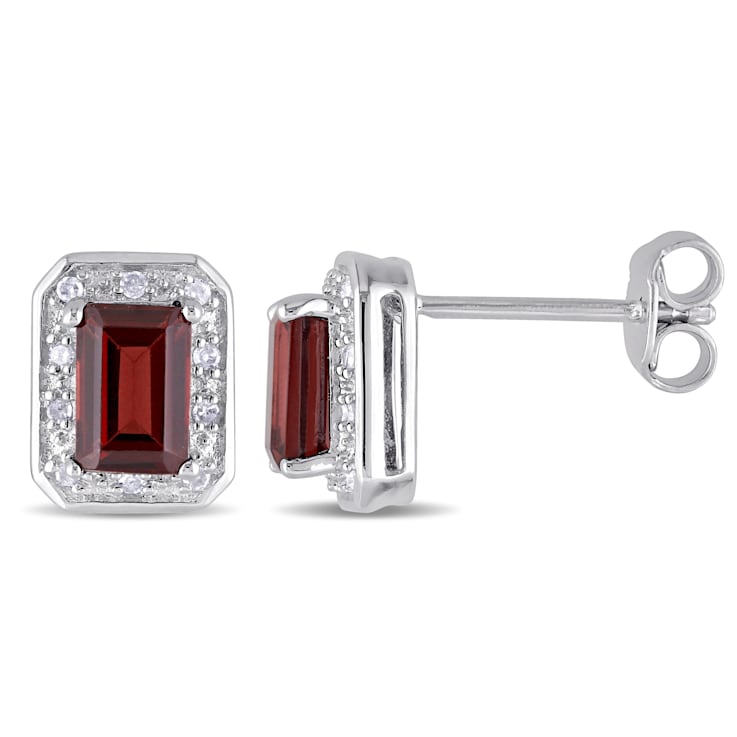 1 1/2 CT TGW Garnet and 1/10 CT TW Diamond Halo Stud Earrings in
Sterling Silver