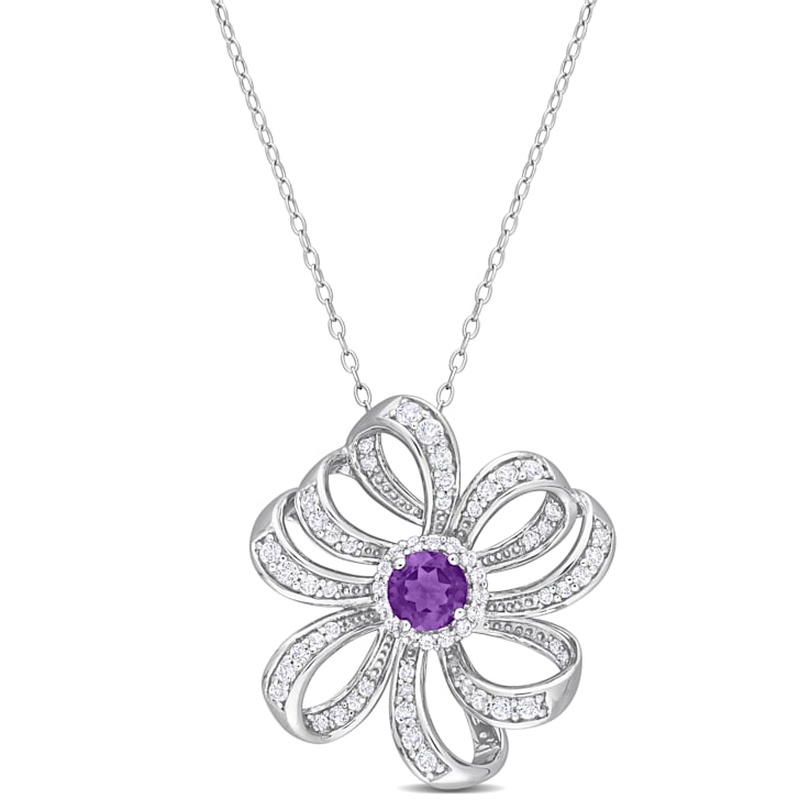 2 CT TGW African Amethyst and White Topaz Flower Pendant with Chain in
Sterling Silver