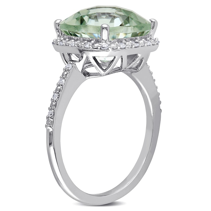 4 CT TGW Green Quartz and 1/10 CT TW Diamond Halo Ring in Sterling Silver