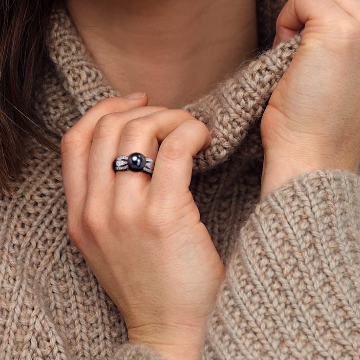 9-9.5MM Black Tahitian Pearl and Diamond Split Shank Ring in Sterling Silver