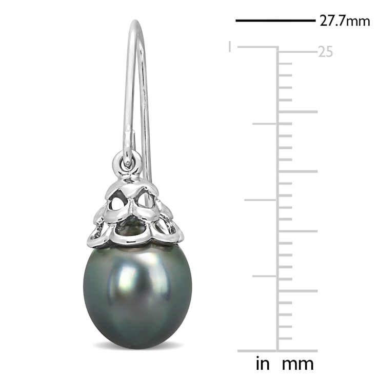 8-8.5MM Black Tahitian Cultured Pearl Shepherd Hook Earrings in Sterling Silver