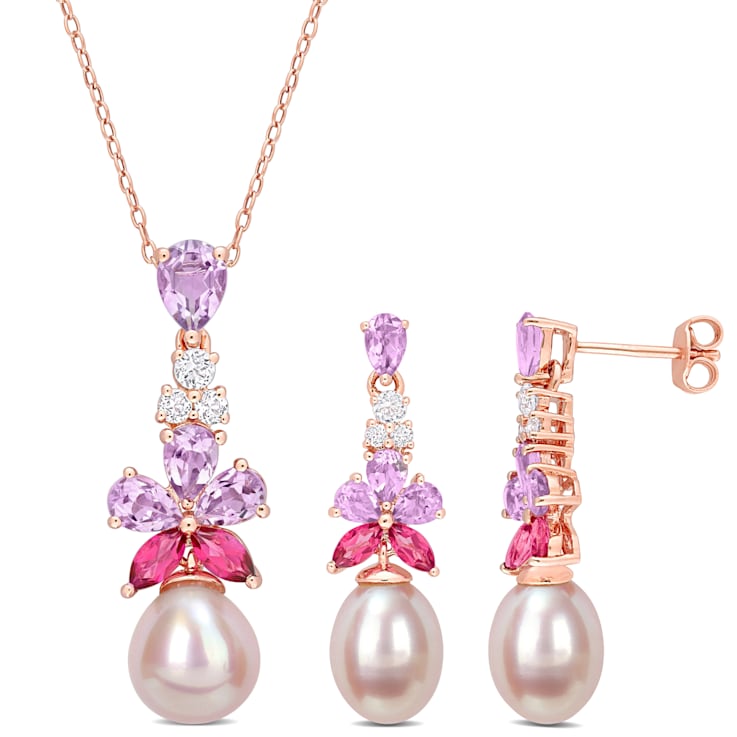 8.5-10MM Freshwater Cultured Pearl & Multigem Earrings &
Necklace Set in Rose Plated Sterling Silver