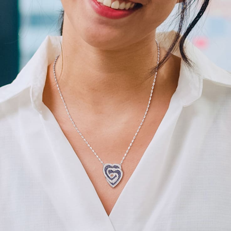 1 2/5 CT TGW Created Blue and White Sapphire Interlocking Hearts
Necklace in Sterling Silver